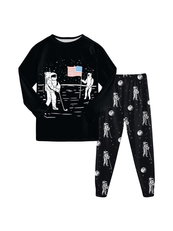 Boys Pajama Set 2 Piece Long Sleeve Pants Cartoon Print Sleepwear Black, Size 7-8 Years