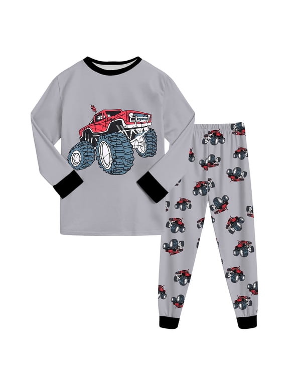 Boys Pajama Set 2 Piece Long Sleeve Pants Cartoon Print Sleepwear Dark Gray, Size 3-4 Years