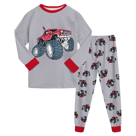 GCETTIC Boys Pajama Set 2 Piece Long Sleeve Pants Cartoon Print Sleepwear Light Gray, Size 5-6 Years