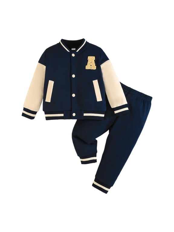 Boys Suit Baby Boys Fall Winter 2 Piece Outfit Long Sleeve Baseball Jacket and Joggers Pants Sets Toddler Fashion Sport Clothing Sets Dark Blue Size,9-12 Months