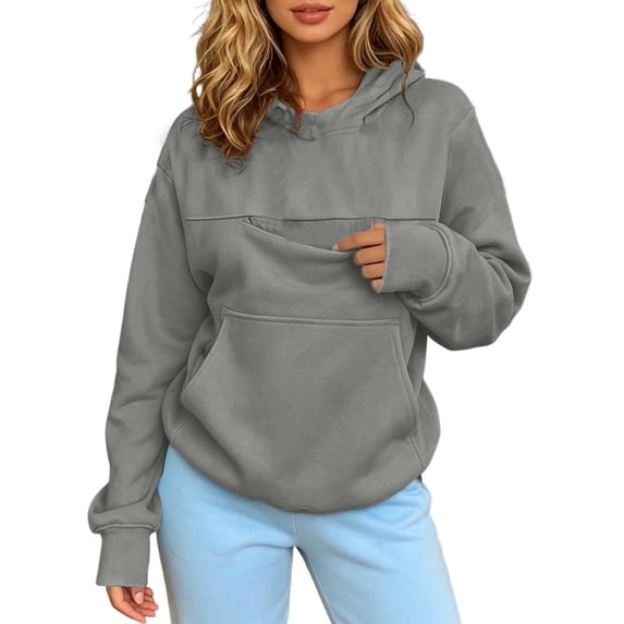 GCETTIC Cat Hoodie With Pouch Women's Pet Pouch Hoodie Kangaroo Carry Sweatshirt with Front Pet Carrier Pocket Side Drop Shoulder Oversized Hooded Top for Cats Dogs Grey Size,XXL