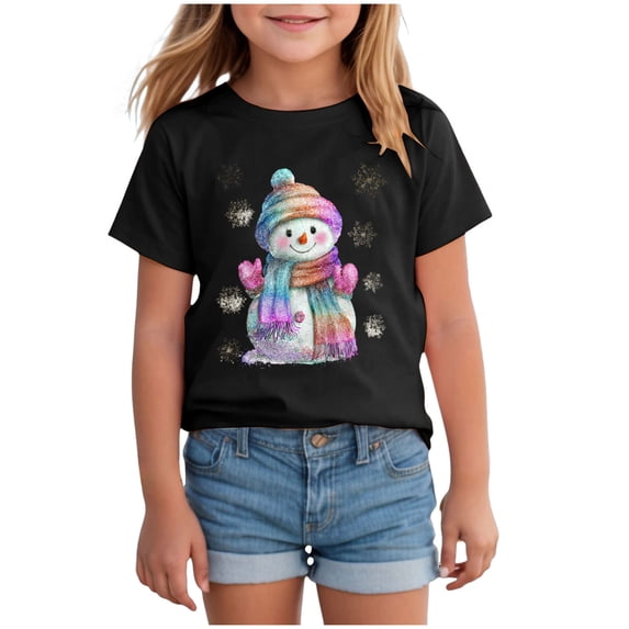 eczipvz Girls Christmas Colorful Snowman Short Sleeve T-Shirt Black, Size 9-10 Years