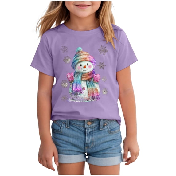 eczipvz Girls Christmas Colorful Snowman Short Sleeve T-Shirt Purple, Size 9-10 Years