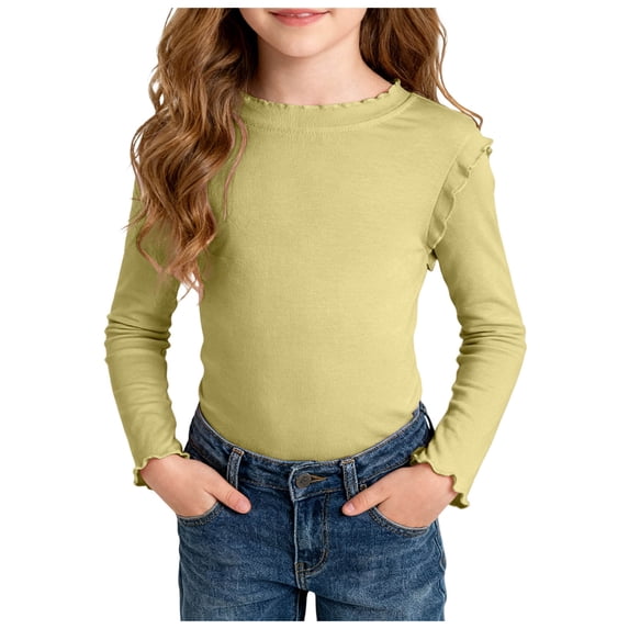 GCETTIC Girls Long Sleeve Shirts Girls Long Sleeve Shirts Basic Crewneck Tees Soft Fabric Yellow Size,4-5 Years