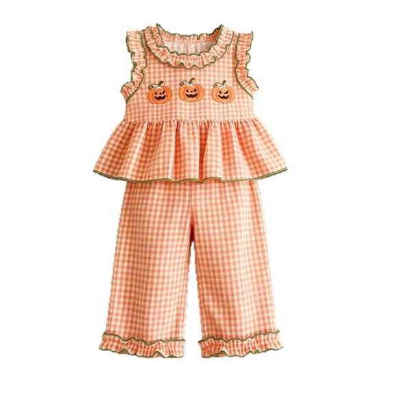 GCETTIC Halloween Toddler Girl Outfit Gingham Peplum Top Ruffle Pants | Baby Girl Pumpkin Patch Outfit,Ghost,Fall Halloween Clothes 2-3 Years