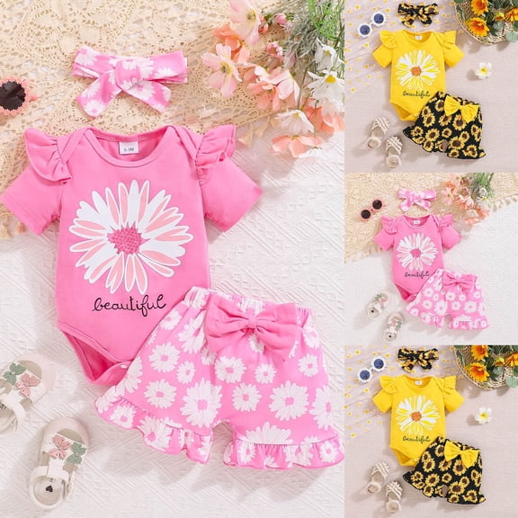 GCETTIC Infants Toddler Girls Cute Baby Girl Flower Ruffled Short Sleeve Headpiece With Comfortable Summer kids 3 Piece Set Yellow,6-9 Months