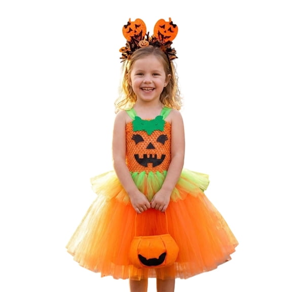 GCETTIC Kids Girls Halloween Pumpkin Dress Costume for Girls Tutu Dresses with Headband Cosplay Fancy Princess Outfits 5-6 Years