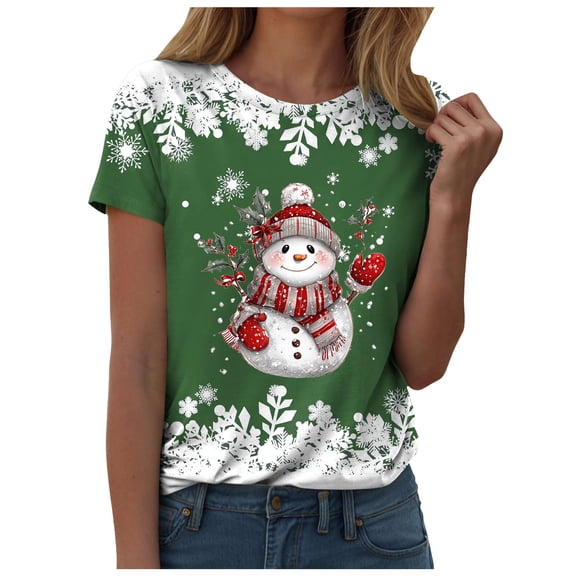 GCETTIC Ladies Snowflake Christmas Print Round Neck Short Sleeve T-Shirt, Polyester Blend, Casual Green S