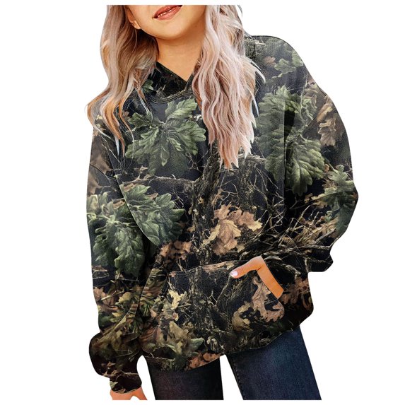 GCETTIC Light Camo Hoodies for Teen Girls Cute Sweatshirt Maple Leaf Print Oversized Fleece Sweatshirts Pullover Tops with Pocket Light Gray,9-10 Years