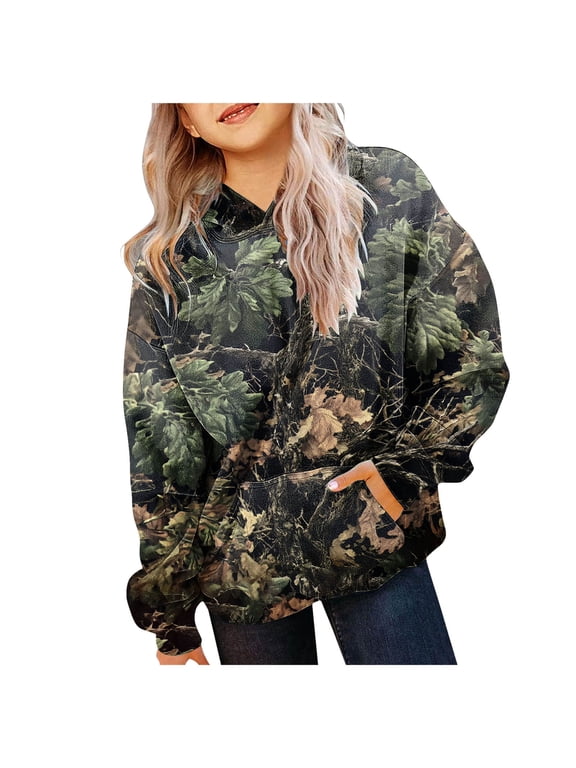 Light Camo Hoodies for Teen Girls Cute Sweatshirt Maple Leaf Print Oversized Fleece Sweatshirts Pullover Tops with Pocket Light Gray,9-10 Years