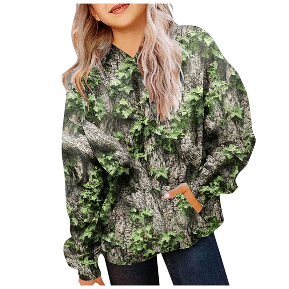 GCETTIC Light Camo Hoodies for Teen Girls Cute Sweatshirt Maple Leaf Print Oversized Fleece Sweatshirts Pullover Tops with Pocket Grey,10-11 Years