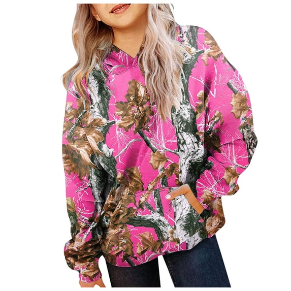 GCETTIC Light Camo Hoodies for Teen Girls Cute Sweatshirt Maple Leaf Print Oversized Fleece Sweatshirts Pullover Tops with Pocket Orange,9-10 Years