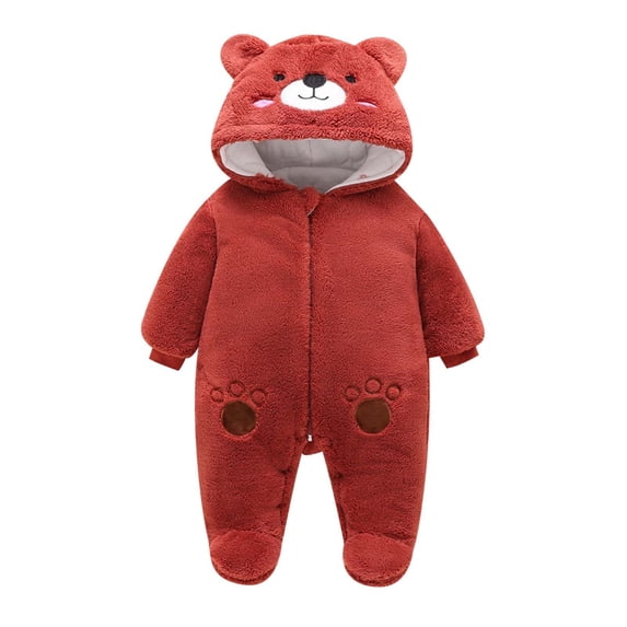 GCETTIC Newborn Baby Snowsuit Bear Outfit Footie Romper Winter Thick Fleece Jumpsuit Infant Coat for Girls Boys 6-9 Months
