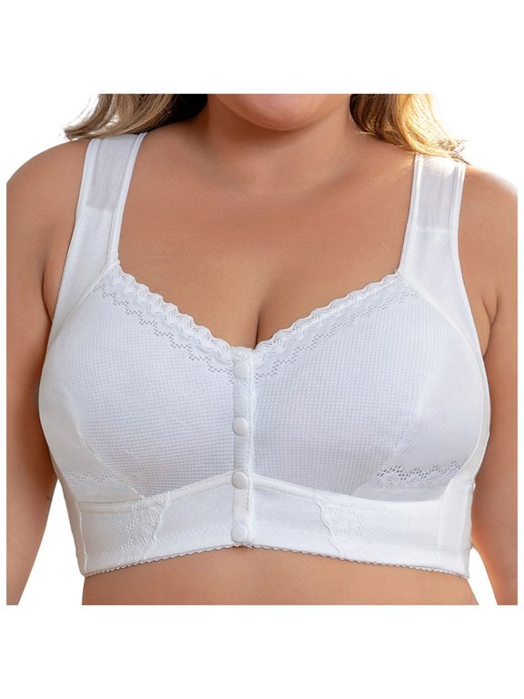 Oversized Front Button Bra Lace Trim Wire-Free Polyamide Spandex Cross-Back Casual White 4XL