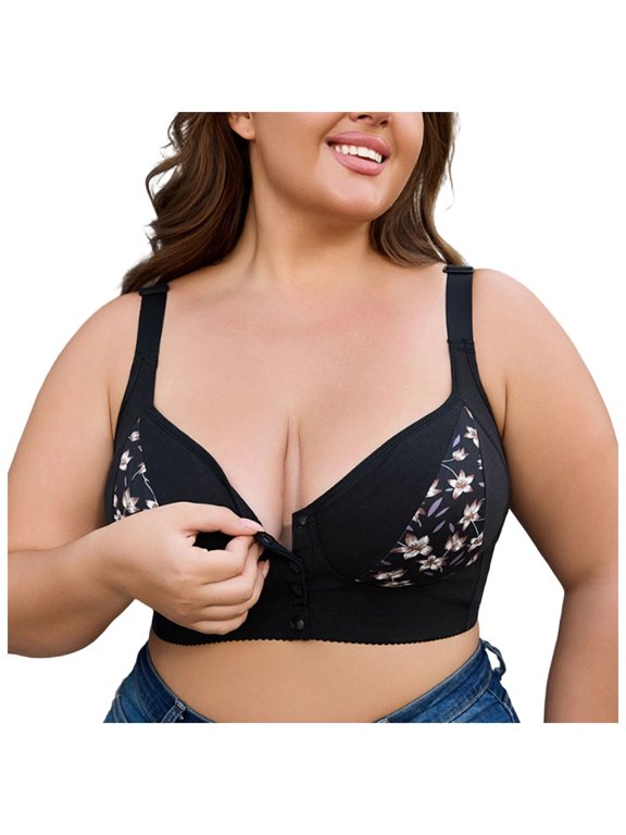 Oversized Front Button Bra Printed Printed Polyamide Spandex Cross-Back Casual Black 90D