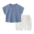 thumbnail image 1 of GCETTIC Toddler Baby Boys Summer Outfits Short Sleeve Solid Color T-Shirt Tops Shorts Sets 2Pcs Baby Boys Cotton Clothes Blue 18-24 Months, 1 of 7