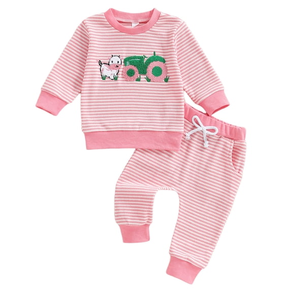 GCETTIC Toddler Baby Girl Halloween Cute Embroidery Bow Waffle Long Sleeve Sweatshirt Striped Pants Clothes Set