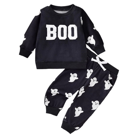 GCETTIC Toddler Boy Girl Halloween Outfit Boo Crewneck Sweatshirt Pants Set Baby Fall Winter oversize Clothes Black,12-18 Months