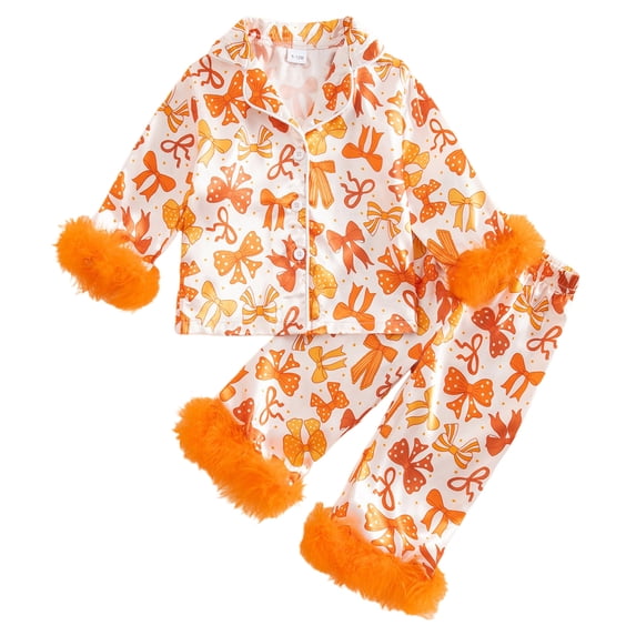 GCETTIC Toddler Girl Halloween Pajamas Pumpkin Silk Satin Sleepwear Little Girls Bow Pjs Baby 2Pcs Halloween Pajama Set 18-24 Months