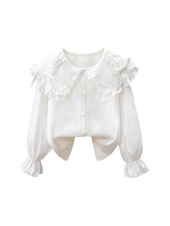 Toddler Girl's Floral Eyelet Button Up Blouse Ruffle Collared Boho Chic Tops Clear,5-6 Years