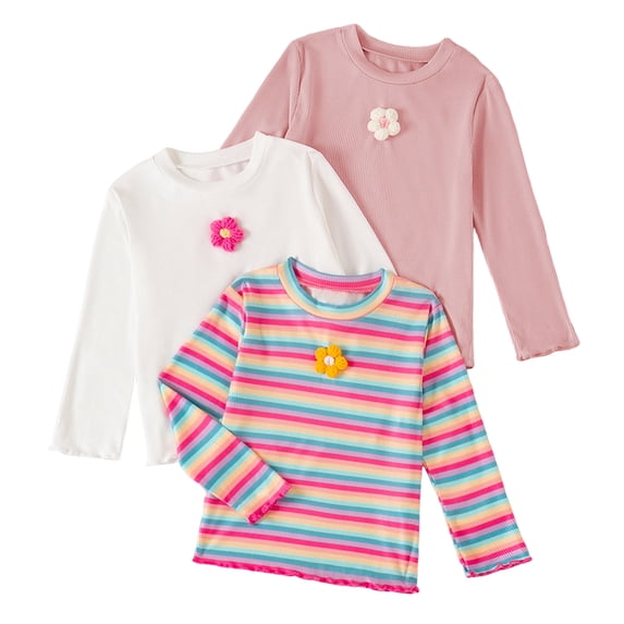 GCETTIC Toddler Girls Flower Shirts Long Sleeve Shirt for Girls Tees Kids Tshirts Tops T-Shirt 3Pack Size,7-8 Years