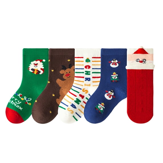 GCETTIC Toddler Kids Christmas Cotton Socks 5‑Pack, Holiday Cute Cartoon Santa Xmas Mid‑Calf Socks, Warm Winter Festive Gift Socks for Little Boys & Girls Light Pink 9-13 Years