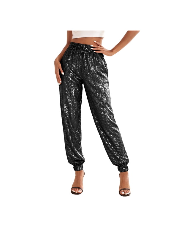 Women Sequined Pants Elegant Carnival Party Shiny Sparkle Bottoms Glitter Elastic Waist Black L