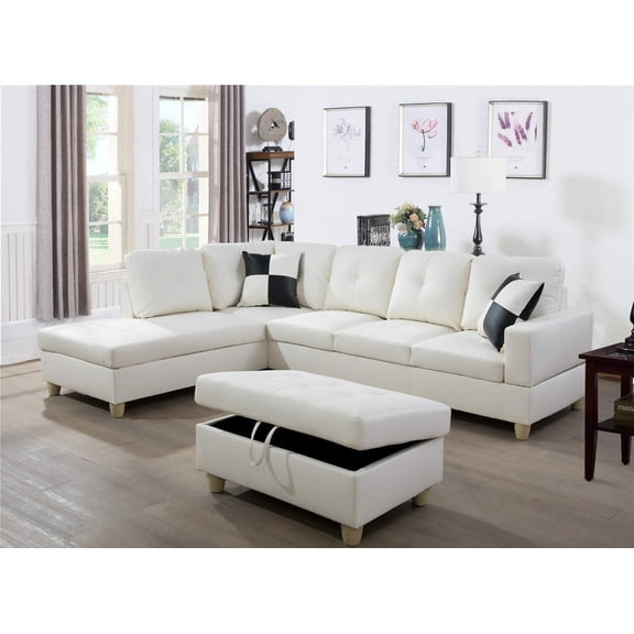 GCF Faux Leather 3 Piece Sectional Sofa Couch Set, L-Shaped Modern Sofa with Chaise Storage Ottoman and Pillows for Living Room Furniture, Left Hand Facing Sectional Sofa Set