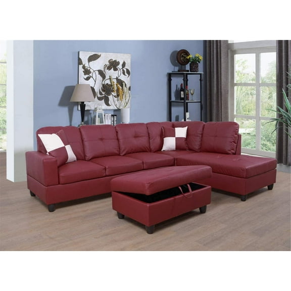 GCF Faux Leather 3 Piece Sectional Sofa Couch Set, L-Shaped Modern Sofa with Chaise Storage Ottoman and Pillows for Living Room Furniture, Left Hand Facing Sectional Sofa Set