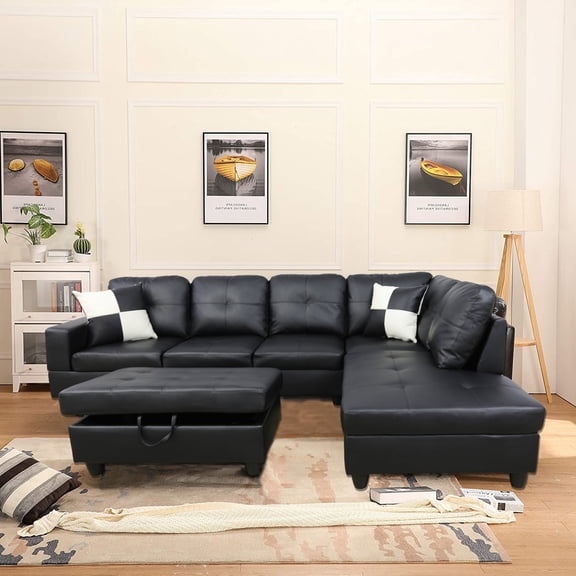 GCF Faux Leather Sectional Set, Living Room L-Shaped Modern Sofa Set, with Storage Ottoman and Matching Pillows, Right Facing Black