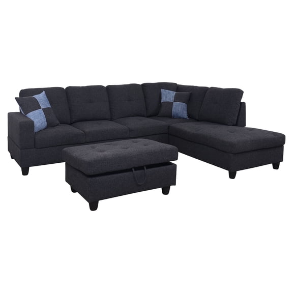 GCF Furniture 3 - Piece L - Shape Sectional Sofa Set, Right Hand Facing Chaise, LINEN Upholstery Material, Dark Grey / Gray Color, More Colors & Styles Available