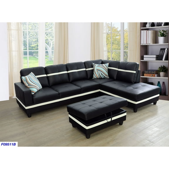 GCF Furniture_NEW STYLE_ L Shape Sectional Sofa Set with Storage Ottoman, Right Hand Facing Chaise, Faux Leather Upholstery Material, Black Colors