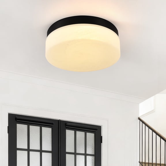 GCGAFUL 11 in. Modern Black Integrated LED Flush Mount Ceiling Light Fixture with Alabaster Glass Shade