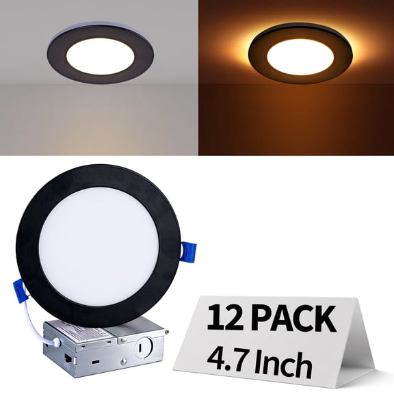 GCGAFUL 12 Pack 4.7 In Canless LED Recessed Light, 5CCT Dimmable 9W Black Baffle Wafer Downlight