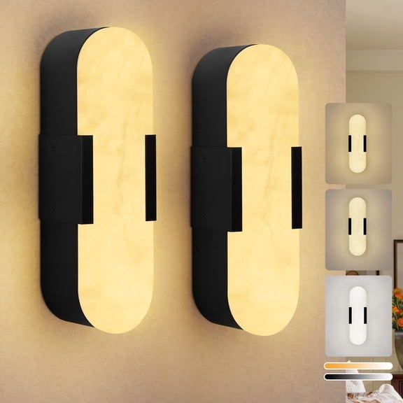 GCGAFUL 13.8" Alabaster Wall Sconces Set of 2, Modern Black Natural Marble LED Light with 3 Color Temperatures, for Dining Room, Staircase, Bedroom