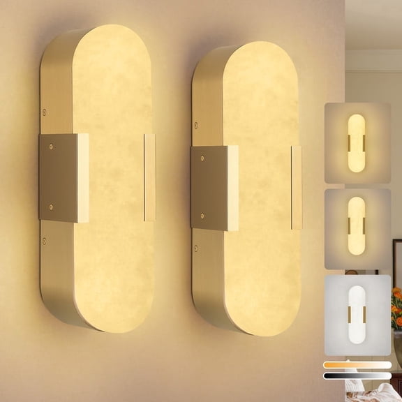 GCGAFUL 13.8" Alabaster Wall Sconces Set of 2, Modern Gold Natural Marble LED Light with 3 Color Temperatures, for Dining Room, Staircase, Bedroom