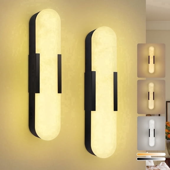 GCGAFUL 19.7" Alabaster Wall Sconces Set of 2, Modern Black Natural Marble LED Light with 3 Color Temperatures, for Dining Room, Staircase, Bedroom
