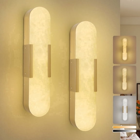 GCGAFUL 19.7" Alabaster Wall Sconces Set of 2, Modern Gold Natural Marble LED Light with 3 Color Temperatures, for Dining Room, Staircase, Bedroom