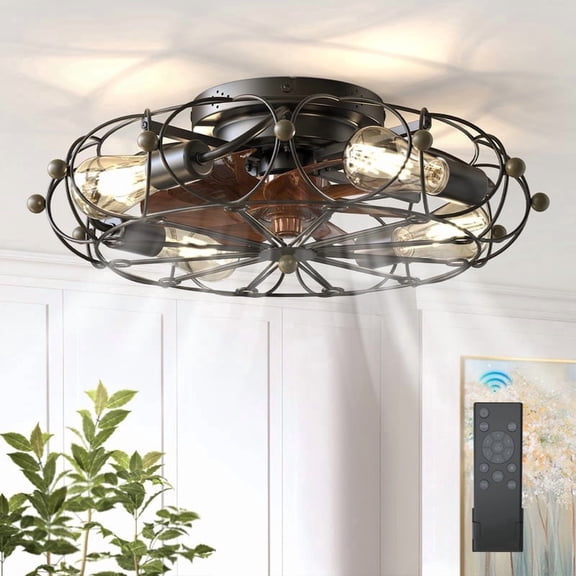 GCGAFUL Farmhouse Flush Mount Ceiling Fan with Light and Remote, 19.7" Remote Control Caged Fan with 6 Speeds, Reversible, for Kitchen