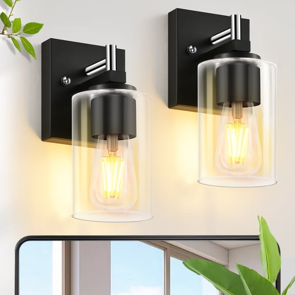 GCGAFUL 2-Pack Bathroom Vanity Light, 4.33 in. 1-Light Matte Black & Chrome Modern Wall Sconce with Clear Glass Shade