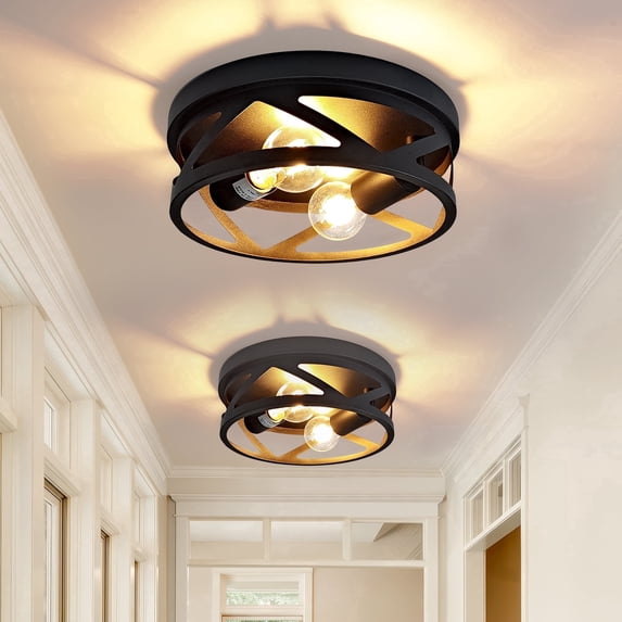 GCGAFUL 2 Pack Black Flush Mount Ceiling Light,11" 2-Light Industrial Farmhouse Metal Cage Black Light Fixtures Ceiling Mount for Kitchen Entryway Hallway E26 Base