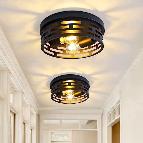 GCGAFUL 2 Pack Black Flush Mount Ceiling Light,11" 2-Light Industrial Farmhouse Metal Cage Black Light Fixtures Ceiling Mount for Kitchen Entryway Hallway E26 Base