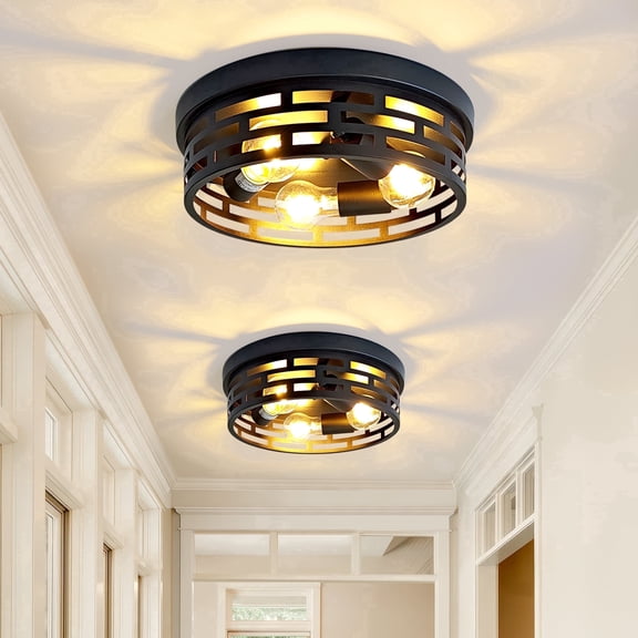 GCGAFUL 2 Pack Black Flush Mount Ceiling Light,12.6" 3-Light Industrial Farmhouse Metal Cage Black Light Fixtures Ceiling Mount for Kitchen Entryway Hallway E26 Base