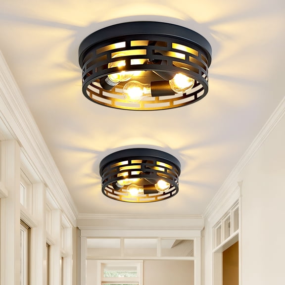 GCGAFUL 2 Pack Black Flush Mount Ceiling Light,12.6" 3-Light Industrial Farmhouse Metal Cage Black Light Fixtures Ceiling Mount for Kitchen Entryway Hallway E26 Base