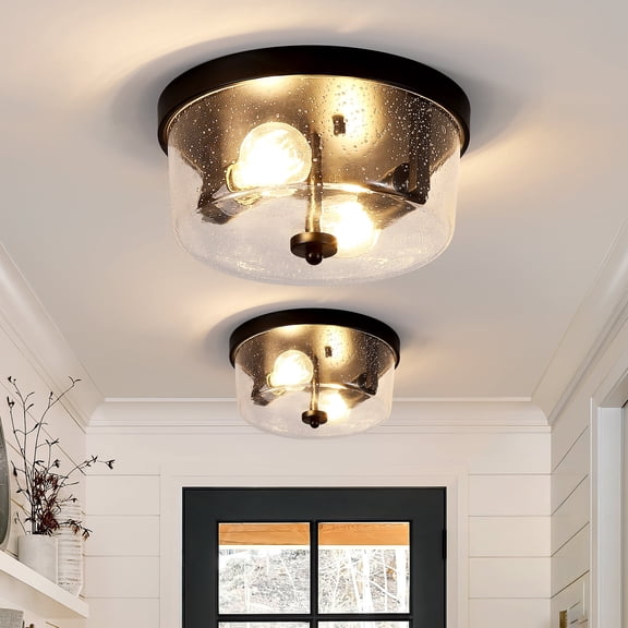 GCGAFUL 2 Pack Modern Black Flush Mount Ceiling Light, Farmhouse Iron Light Fixture with Seeded Glass, for Hallway Kitchen Bedroom