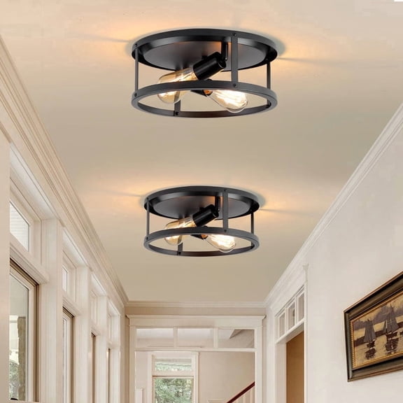 GCGAFUL 12.7" Farmhouse Flush Mount Ceiling Light 2 Pack, Vintage Round Black Ceiling Light for Kitchen, Hallway, Bedroom