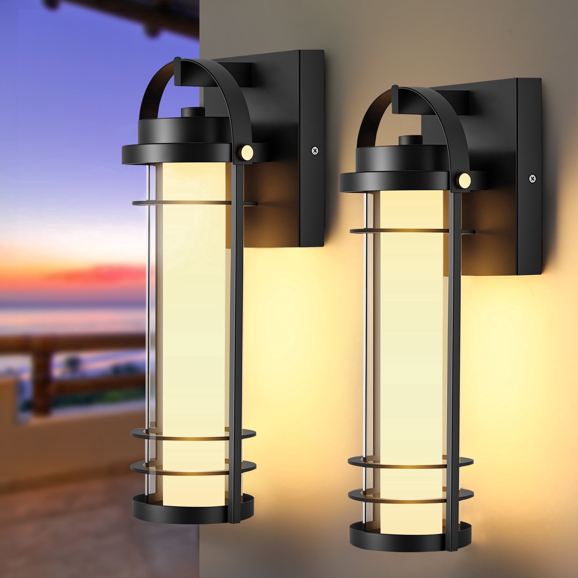 GCGAFUL 2-Pack LED Outdoor Wall Sconce, 15 in.Black Modern Exterior Light Fixture, Integrated Waterproof Hardwired Cylinder Lantern for Patio Garage Front Door Entryway