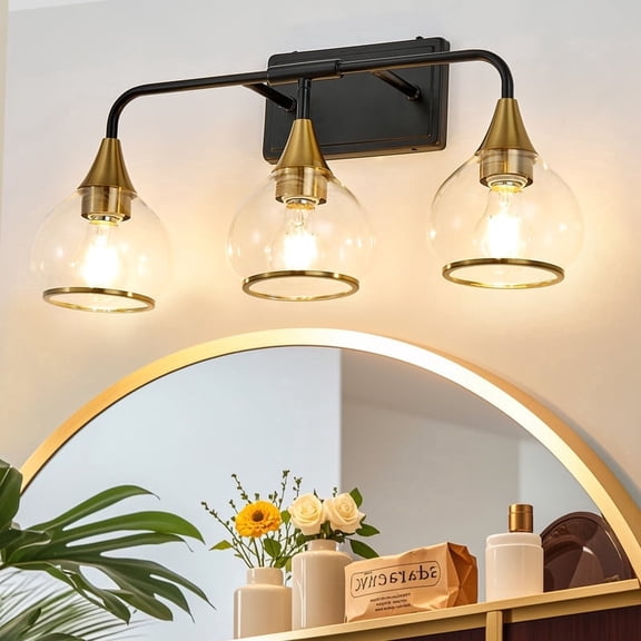 GCGAFUL 23 in. 3-Light Black and Gold Bathroom Vanity Light with Clear Glass Shade, Modern Wall Sconce for Mirror, Vanity, and Living Spaces