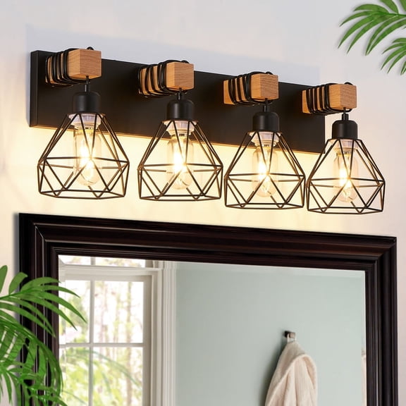 GCGAFUL 24 in. Farmhouse 4-Light Wood Bathroom Vanity Light Black Bathroom Light Fixtures over Mirror with Black Metal Shade for Living Room, Bedroom, Hallway