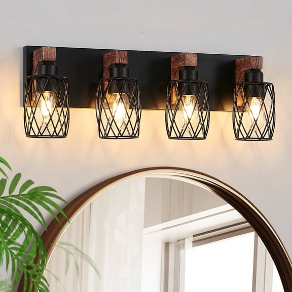 GCGAFUL 24 in. Farmhouse 4-Light Wood Bathroom Vanity Light Black Bathroom Light Fixtures over Mirror with Black Metal Shade for Living Room, Bedroom, Hallway